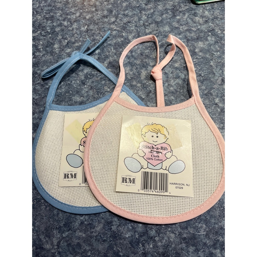 Regency Mills Stitch-a-Bib 14ct Aida Cloth Cotton Baby Bibs Pink Blue Set of 2